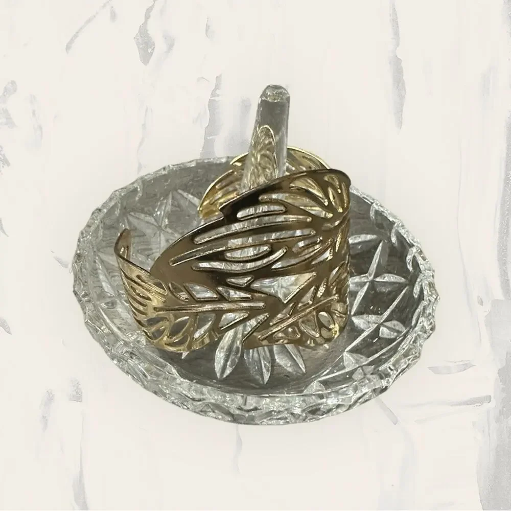 Gold Leaf Filigree Cuff Bracelet Women's Wide Metal Cutout Pattern Bangle - Picture 1 of 4